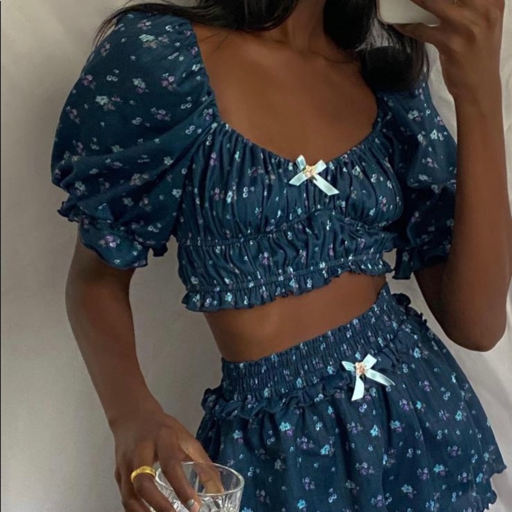 For Love and Lemons Pointelle Lola Set BLUE